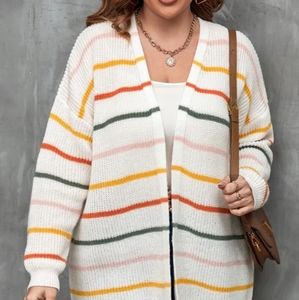 Plus Striped Pattern Drop Shoulder Duster Cardigan